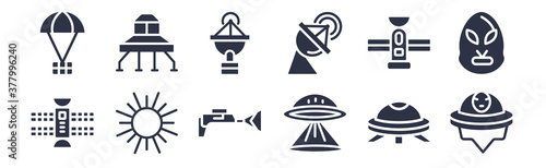12 pack of black filled icons. glyph icons such as alien with aqualung, little extraterrestial, big sun shining, inclined satellite, radar system, radar pointing up, space lander for web and mobile
