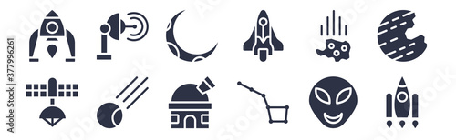 12 pack of black filled icons. glyph icons such as rocket ship, big dipper, comet, asteroid, space ship, half moon, voyager for web and mobile apps, logo