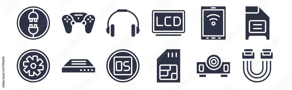 12 pack of black filled icons. glyph icons such as sata, sim, drive, devices, lcd, earphone, console for web and mobile apps, logo 12 pack of black filled icons. glyph icons such as sata, sim, drive, devices, lcd, earphone, console for web and mobile apps, logo