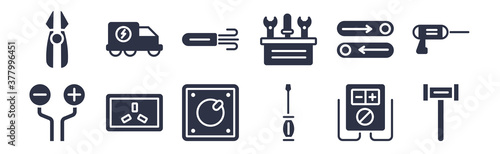 12 pack of black filled icons. glyph icons such as hammer, electrician, socket, switch, toolbox, wire, truck for web and mobile apps, logo