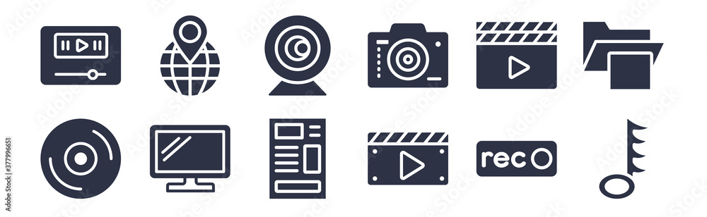 12 pack of black filled icons. glyph icons such as hemidemisemiquaver, movie player play button, television screen off, clapperboard play button, photo camera, webcam video call, globe with pointer 12 pack of black filled icons. glyph icons such as hemidemisemiquaver, movie player play button, television screen off, clapperboard play button, photo camera, webcam video call, globe with pointer