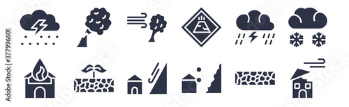 12 pack of black filled icons. glyph icons such as broken roof, avalanche and house, plant on drought, thunder cloud, volcano warning, wind and bent fir, broken tree by wind for web and mobile apps,