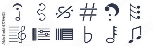 12 pack of black filled icons. glyph icons such as beam, flat, repeat, octave clef, sharp, segno, alto clef for web and mobile apps, logo
