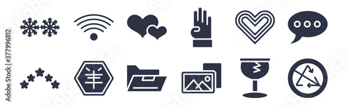 12 pack of black filled icons. glyph icons such as non recyclable, foto, , black heart, four finger in hand, big heart and little heart, wireless for web and mobile apps, logo