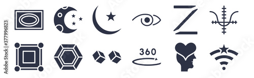 12 pack of black filled icons. glyph icons such as favorite wireles conecction, 360, poligon, z, jackal, islamic moon, half moon and star for web and mobile apps, logo