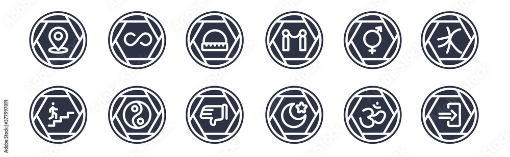 12 pack of black filled icons. glyph icons such as entry, islamic crescent with small star, yin yang, gender, premiere fencing, wool hat, eternity for web and mobile apps, logo 12 pack of black filled icons. glyph icons such as entry, islamic crescent with small star, yin yang, gender, premiere fencing, wool hat, eternity for web and mobile apps, logo