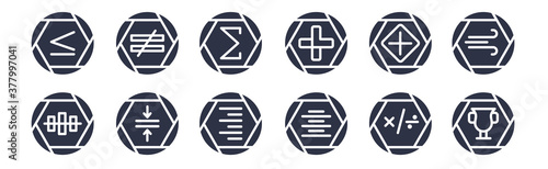 12 pack of black filled icons. glyph icons such as classroom cup, align center, alignment, positive, addition, the sum of, is not equal to for web and mobile apps, logo