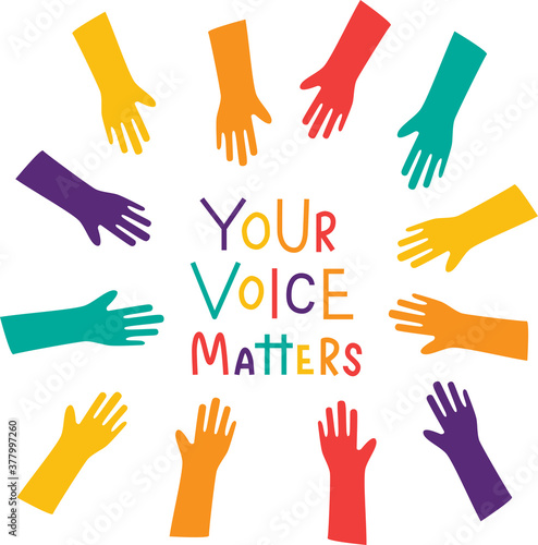 Your voice matters - sign with hand illustration for template election, voting. Vector stock illustration isolated on white background. EPS10