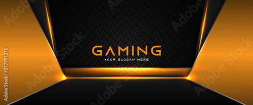 Futuristic orange and black abstract gaming banner design with metal technology concept. Vector illustration for business corporate promotion, game header social media, live streaming background