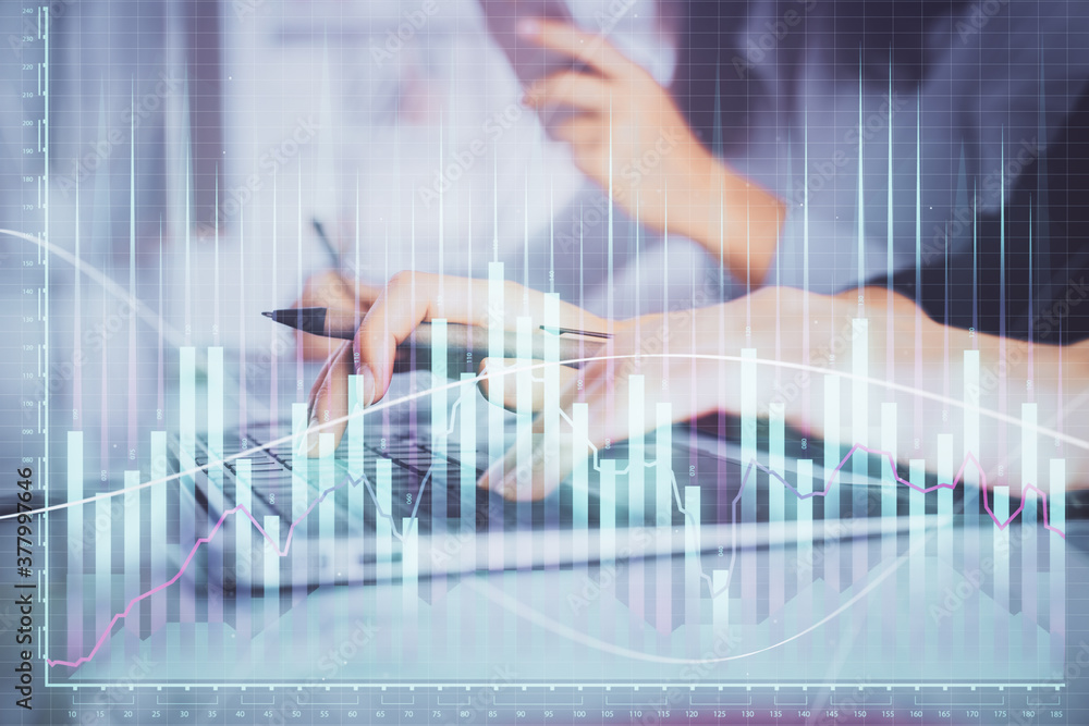 Multi exposure of woman hands typing on computer and financial graph hologram drawing. Stock market analysis concept. Multi exposure of woman hands typing on computer and financial graph hologram drawing. Stock market analysis concept.