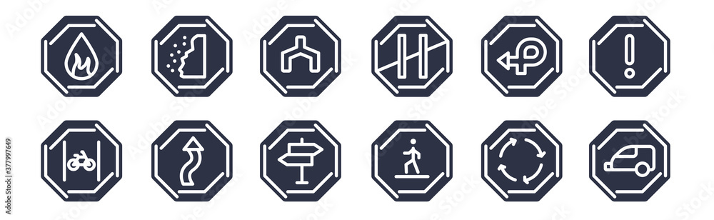 Obraz premium 12 pack of black filled icons. glyph icons such as caravan, crossing, curves, degree curve road, end motorway, end of way, falling rocks for web and mobile apps, logo
