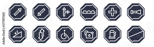 12 pack of black filled icons. glyph icons such as forbidden, gasoline, highway, hospital, humps, intersection, keep left for web and mobile apps, logo