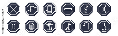 12 pack of black filled icons. glyph icons such as lane, merging, museum, narrow road, no entry, no mobile phone, no parking for web and mobile apps, logo