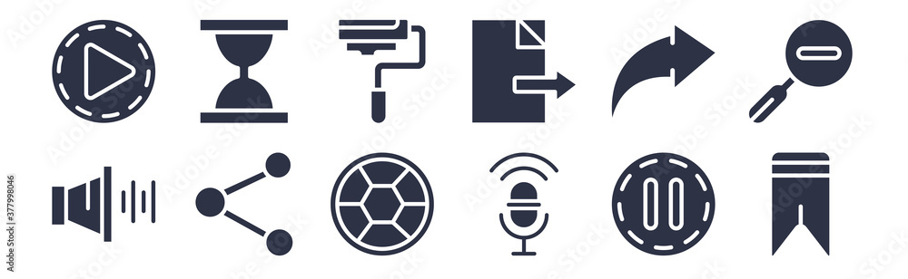 12 pack of black filled icons. glyph icons such as bookmark, voice recorder, share, forward, export, paint, waiting for web and mobile apps, logo 12 pack of black filled icons. glyph icons such as bookmark, voice recorder, share, forward, export, paint, waiting for web and mobile apps, logo