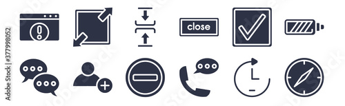 12 pack of black filled icons. glyph icons such as navigator, voice message, add user, check square, close, compress, enlarge for web and mobile apps, logo