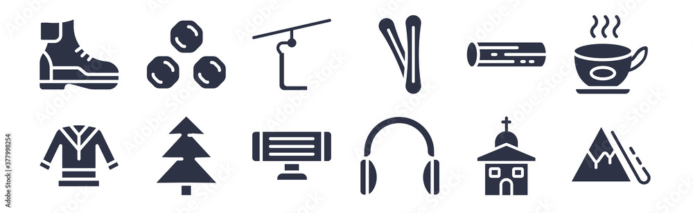 12 pack of black filled icons. glyph icons such as avalanche, earmuffs, fir, logs, ski equiptment, ski lift, snow ball for web and mobile apps, logo 12 pack of black filled icons. glyph icons such as avalanche, earmuffs, fir, logs, ski equiptment, ski lift, snow ball for web and mobile apps, logo