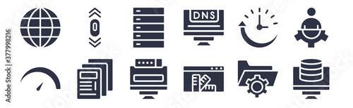 12 pack of black filled icons. glyph icons such as feature, color scheme, mockup de, uptime, dns, raid, scrolling for web and mobile apps, logo