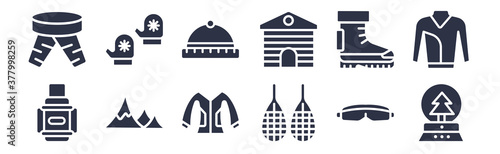 12 pack of black filled icons. glyph icons such as snow globe, snowshoes, snowy mountain, winter boots, winter cabin, winter cap, clothes for web and mobile apps, logo
