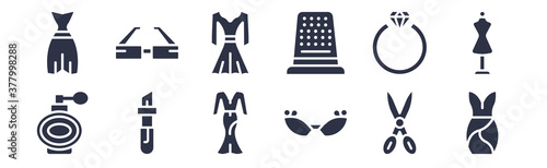 12 pack of black filled icons. glyph icons such as sexy feminine dress in black?, childish eyeglasses?, makeup?, diamond ring?, sewing thimble black variant?, lace dress with belt?, rectangular