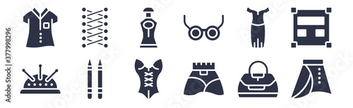 12 pack of black filled icons. glyph icons such as skirt with white lining?, skirt black short?, eyeliner pencils?, female long black dress?, eyeglasses?, stylish perfume bottle?, clothing stitches?