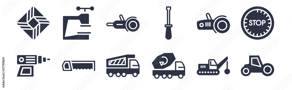 12 pack of black filled icons. glyph icons such as steamroller, concrete, hacksaw, angle grinder, screwdrivers, grinder, vise for web and mobile apps, logo