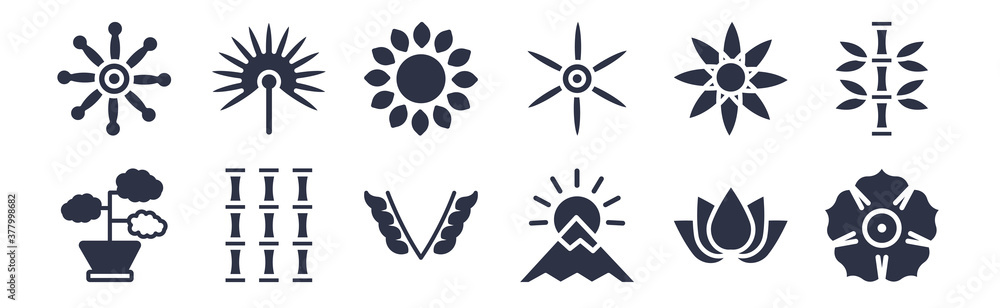 12 pack of black filled icons. glyph icons such as japanese flower, sunset fuji mountain, bamboo branches, ikebana flowers, flower of six petals from japan, branch with leaves, floral decorations 12 pack of black filled icons. glyph icons such as japanese flower, sunset fuji mountain, bamboo branches, ikebana flowers, flower of six petals from japan, branch with leaves, floral decorations