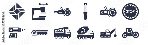 12 pack of black filled icons. glyph icons such as steamroller, concrete, hacksaw, angle grinder, screwdrivers, grinder, vise for web and mobile apps, logo