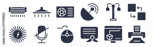 12 pack of black filled icons. glyph icons such as printing, warranty certificate, microphone mute, lamp post, parabolic, air cooler, hood for web and mobile apps, logo