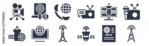 12 pack of black filled icons. glyph icons such as broadcast communications tower, space satellite, null, tv and satellite, radio and messages, international call, entertainer for web and mobile