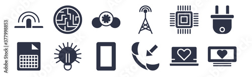 12 pack of black filled icons. glyph icons such as heart in a screen, reciever, bulb, computer microprocessor, frequency antenna, vehicle speedometer, circuit board for web and mobile apps, logo