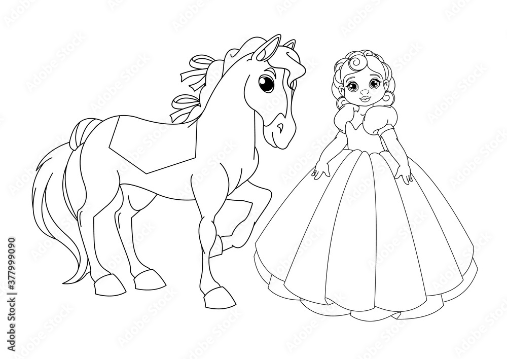 Fototapeta premium Cute Princess and horse Coloring Book Page