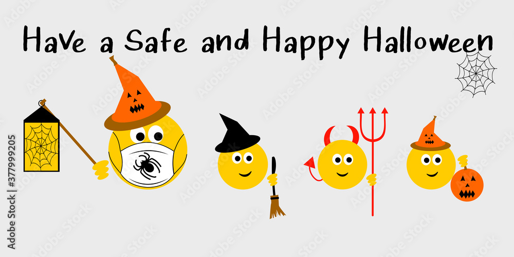 Fototapeta premium Stay safe this Halloween text, Adult emoji wearing face mask with children dressed for trick or treat at Halloween, covid 19 concept