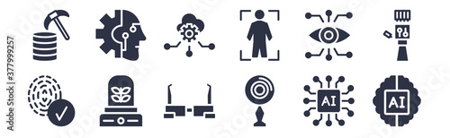 12 pack of black filled icons. glyph icons such as ai brain, ar camera, artificial atmosphere, bionic eye, body scan, cloud intelligence, cyborg for web and mobile apps, logo