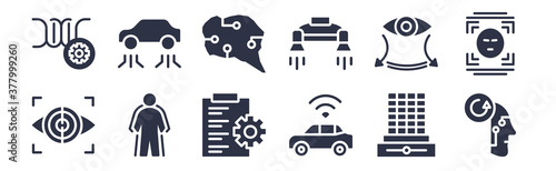 12 pack of black filled icons. glyph icons such as deformity, driverless autonomous car, exoskeleton, field of view, flyboard, future brain, fyling vehicle for web and mobile apps, logo