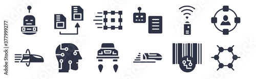 12 pack of black filled icons. glyph icons such as graphene, high speed tube, humanoid, infra, laws of robotics, match moving, memory transfer for web and mobile apps, logo