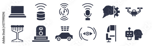 12 pack of black filled icons. glyph icons such as robots and humans, smart lens, synthetic food, unsupervised learning, voice recognition, wireless charging, assistant for web and mobile apps, logo