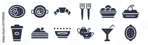 12 pack of black filled icons. glyph icons such as half lemon, tea set, cut cake piece, ice cream cup, salad fork, bakery croissant, paella with parwns for web and mobile apps, logo
