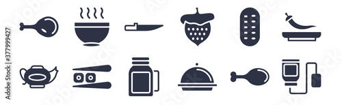 12 pack of black filled icons. glyph icons such as infusion bag, tray and cover, sushi piece, sushi mix, strawberry drawing, thin knife, hot soup for web and mobile apps, logo