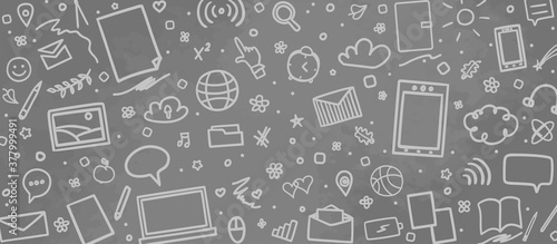 Back to school. Background with hand drawn school supplies. Black and white illustration