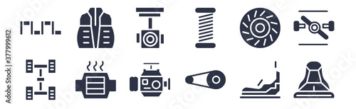 12 pack of black filled icons. glyph icons such as car bucket seat, car camshaft, car catalytic converter, clutch, coil, connecting rod, cowl for web and mobile apps, logo