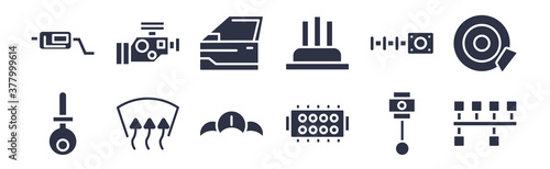 12 pack of black filled icons. glyph icons such as car crankshaft, car cylinder head, car demister, distributor, distributor cap, door, engine for web and mobile apps, logo