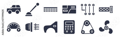 12 pack of black filled icons. glyph icons such as car fan, car fascia (british), car fog lamp, gearbox, glove compartment, grille or radiator grille, handbrake for web and mobile apps, logo
