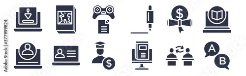 12 pack of black filled icons. glyph icons such as ask, blended learning, computer-based training, scholarship, fountain pen, game-based learning, geography for web and mobile apps, logo