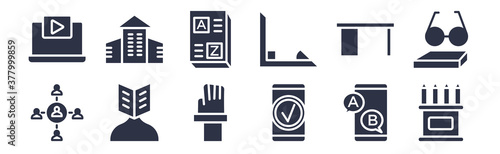 12 pack of black filled icons. glyph icons such as pencil box, qualification, self-learning, teacher desk, trigonometry, vocabulary, daycare center for web and mobile apps, logo