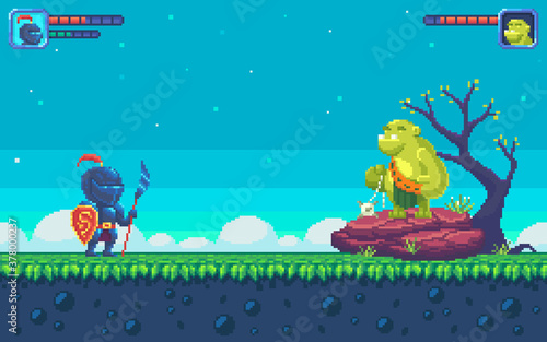 Pixel art design with outdoor landscape background.