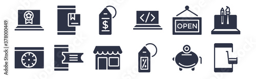 12 pack of black filled icons. glyph icons such as web shop, sale, eticket, open, webcode, price, web package for web and mobile apps, logo