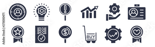 12 pack of black filled icons. glyph icons such as appreciation, buying, result, service, trend, demand, innovation for web and mobile apps, logo