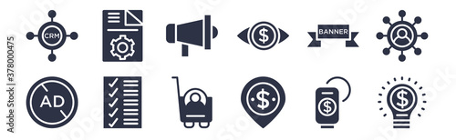 12 pack of black filled icons. glyph icons such as motivation, place, checklist, banner, business eye, campaign, content management for web and mobile apps, logo