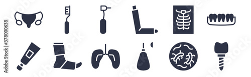 12 pack of black filled icons. glyph icons such as implants, anesthesia, plaste foot, x ray, inhalator, dental drill, tooth brush for web and mobile apps, logo