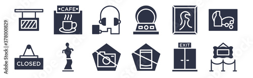 12 pack of black filled icons. glyph icons such as painting, no phone, venus de milo, pop art, souvenir, audio guide, cafe for web and mobile apps, logo